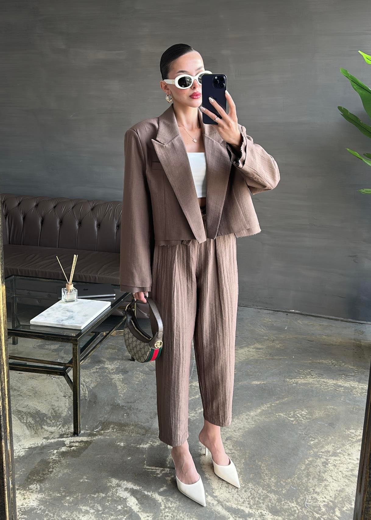 Bağlama Detaylı Crop Ceketli Takım ACI KAHVE