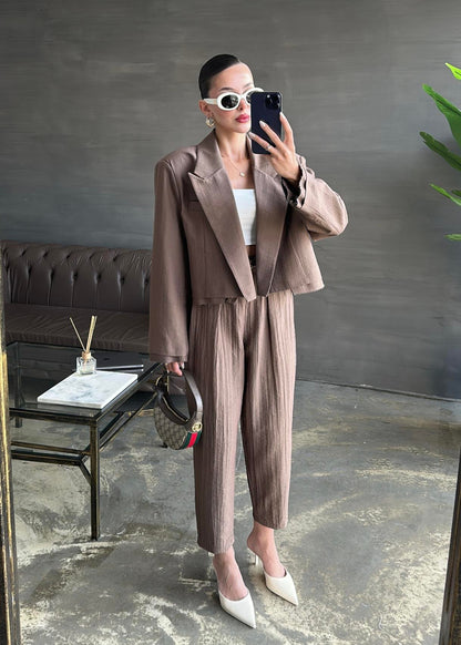 Bağlama Detaylı Crop Ceketli Takım ACI KAHVE