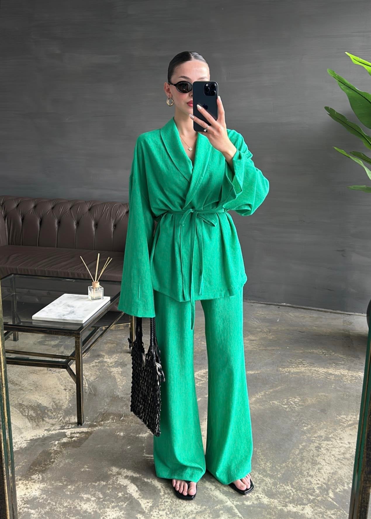 Şal Yaka Krinkıl Kimono Takım BENETTON YEŞİLİ