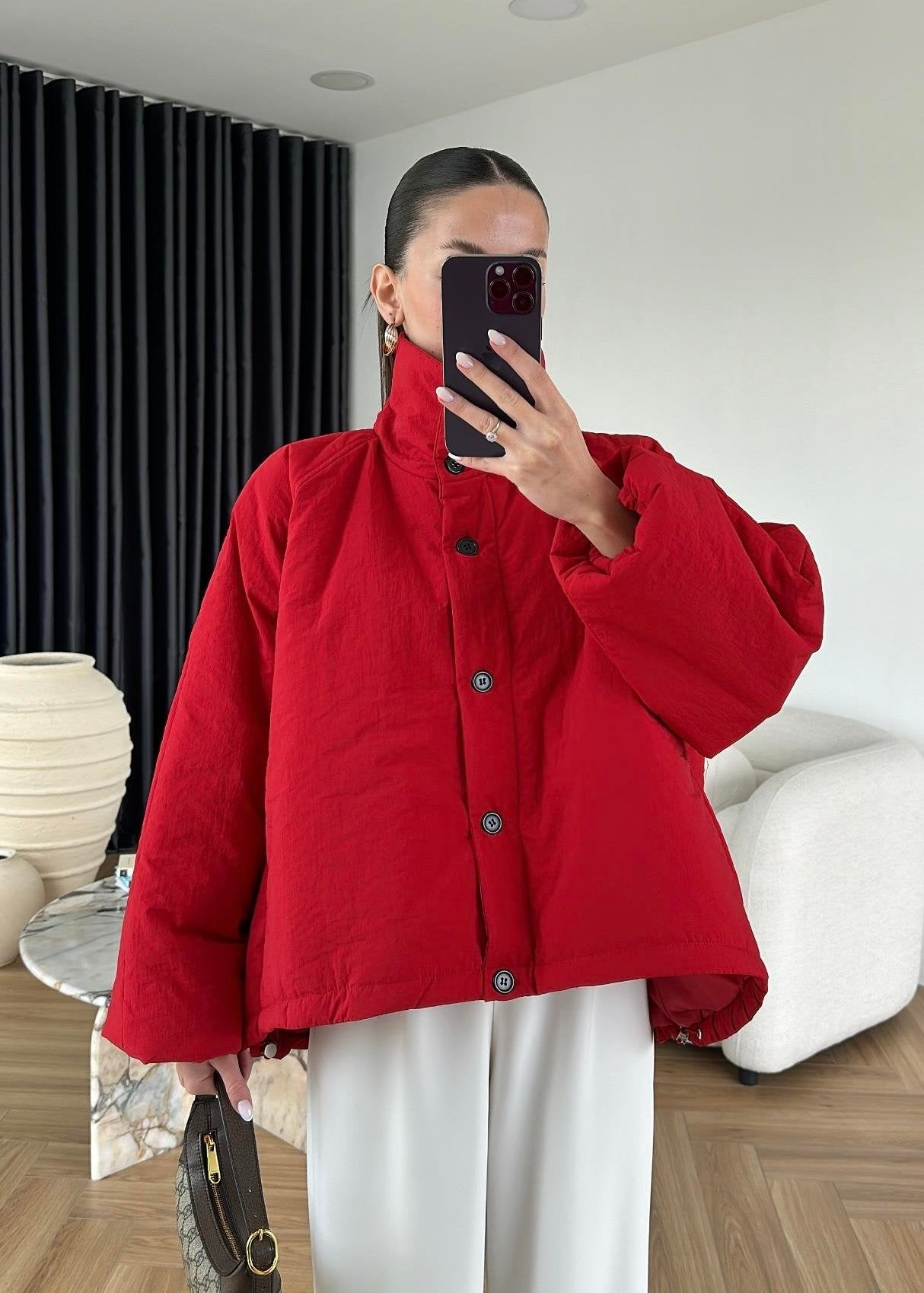 Dik Yakalı Arkası Uzun Mont KIRMIZI