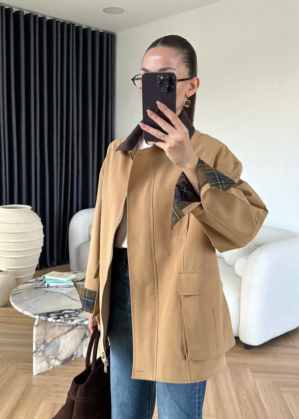 Torba Cepli Ekose Detaylı Ceket