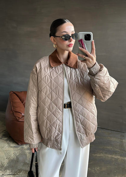 Süet Yakalı Kapitone Mont BEJ