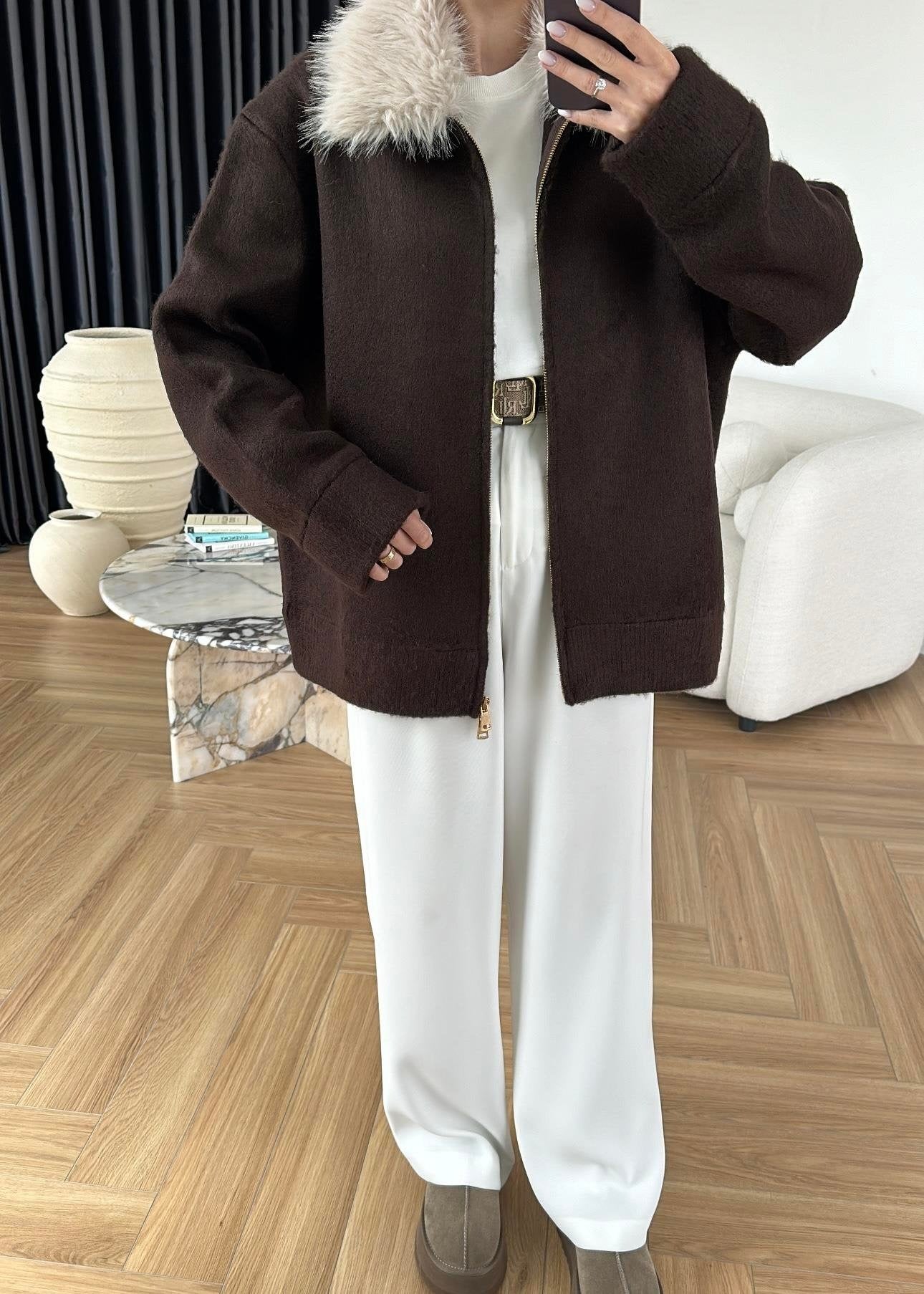 Çıkarılabilir Kürklü Hırka ACI KAHVE