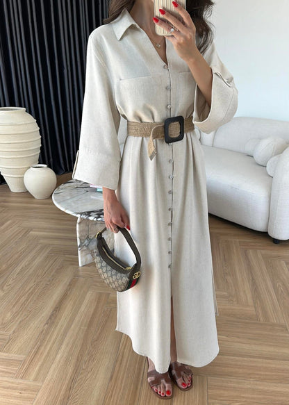 Hasır Kemerli Keten Gömlek Elbise NATUR