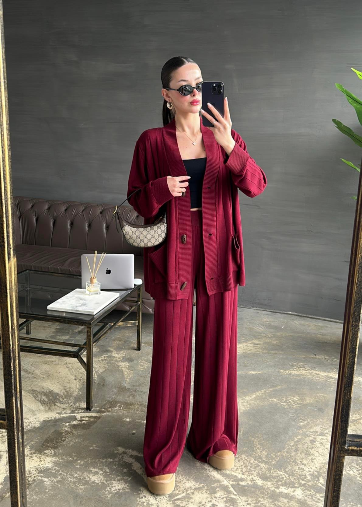 Ahşap Düğmeli Hırkalı Takım BORDO