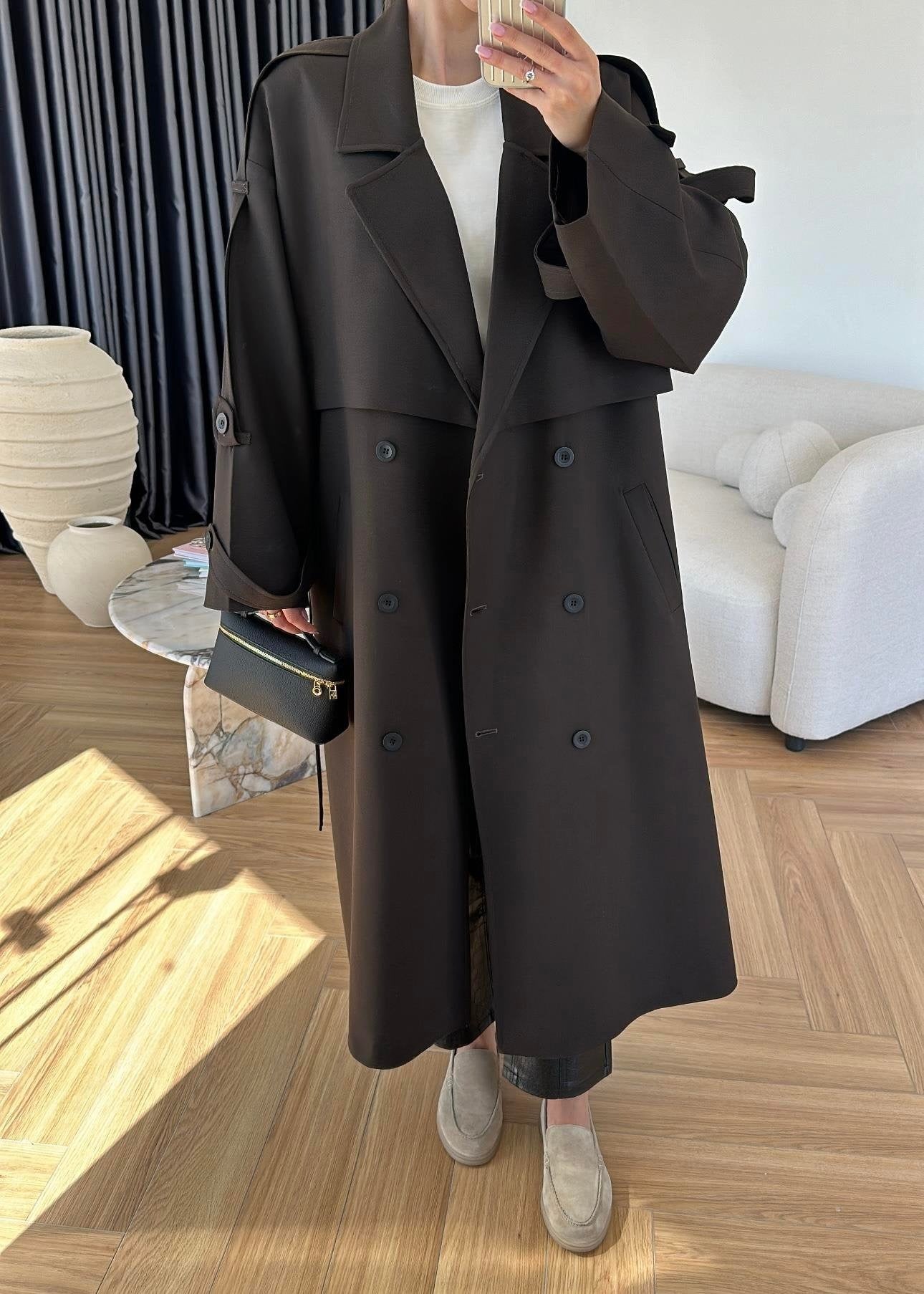 Omuzu Uzun Apoletli Trençkot ACI KAHVE