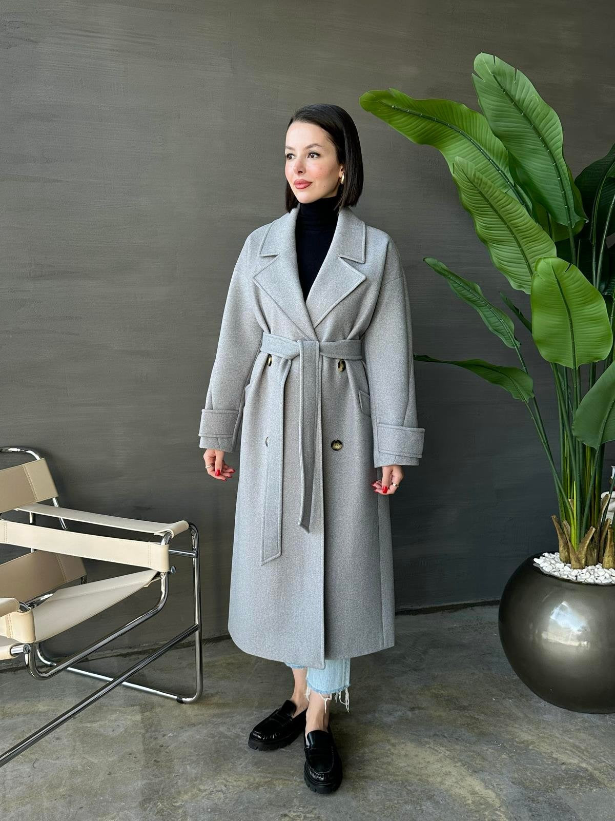 Kelebek Yakalı Uzun Kaban AÇIK GRİ