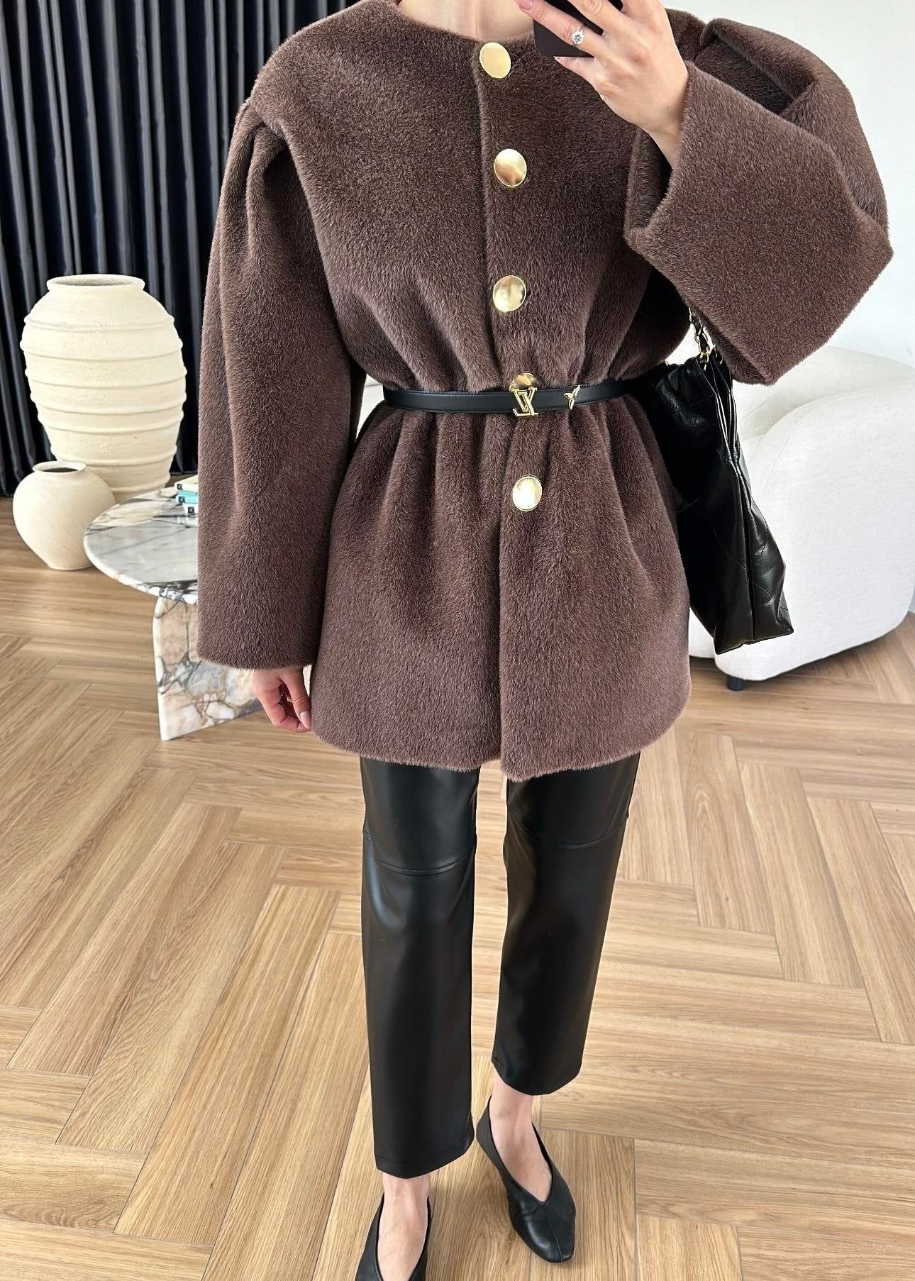 Gold Düğmeli Alpaka Kaban KAHVERENGİ