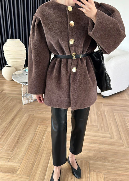 Gold Düğmeli Alpaka Kaban KAHVERENGİ