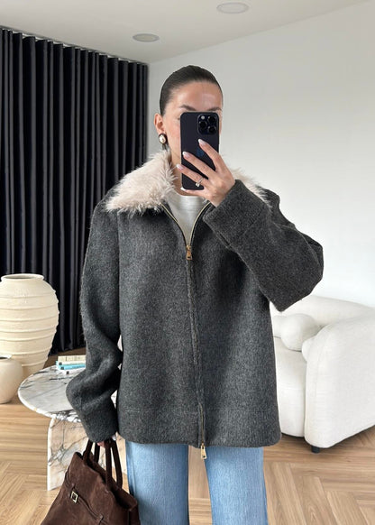 Çıkarılabilir Kürklü Hırka ANTRASİT