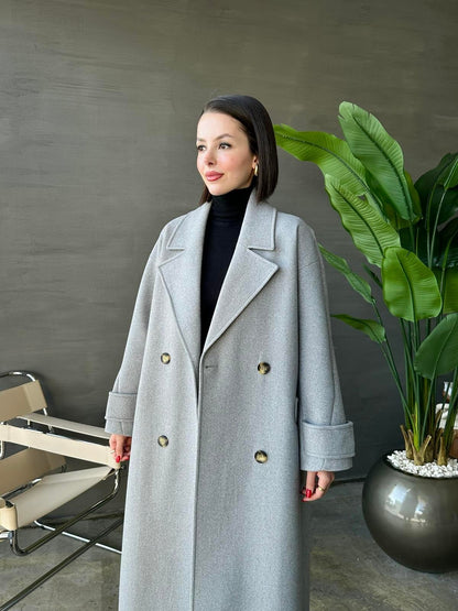 Kelebek Yakalı Uzun Kaban AÇIK GRİ