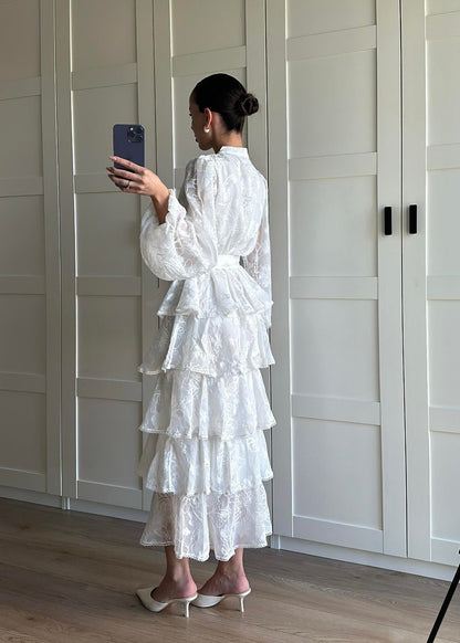 Çiçek Desenli Fırfırlı Elbise BEYAZ