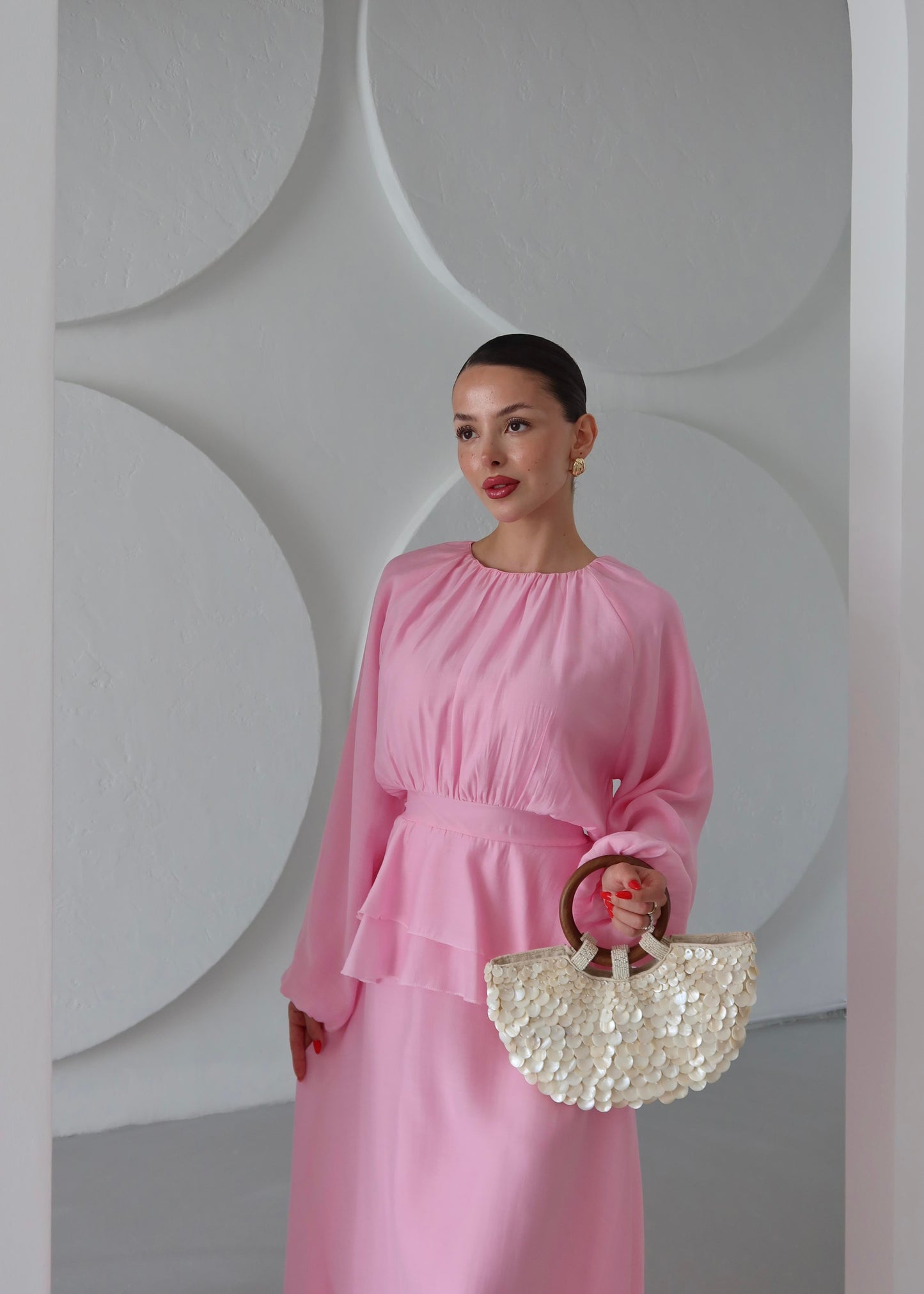 Beli Volanlı Elbise PEMBE