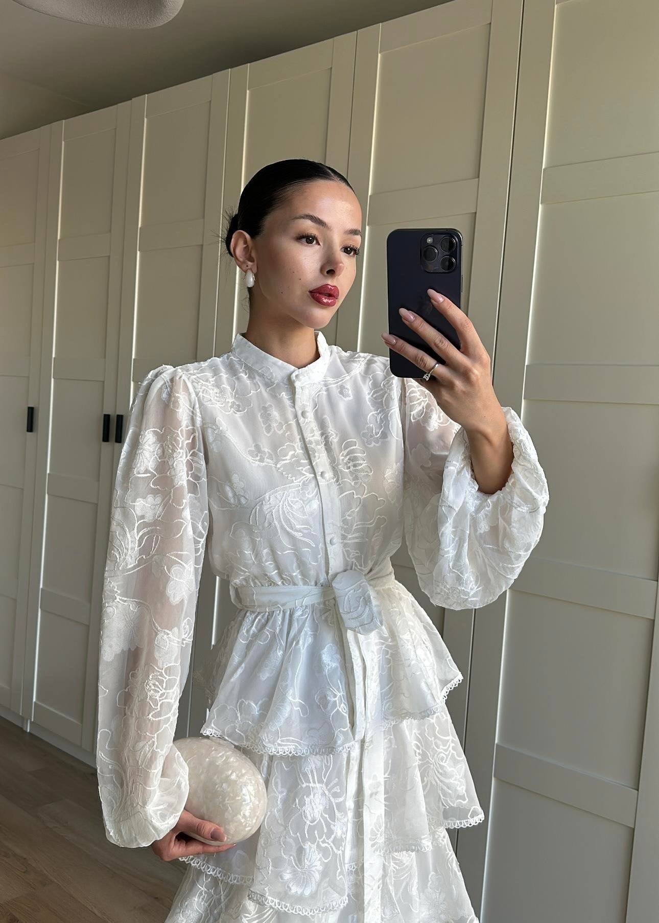 Çiçek Desenli Fırfırlı Elbise BEYAZ