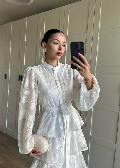 Çiçek Desenli Fırfırlı Elbise BEYAZ