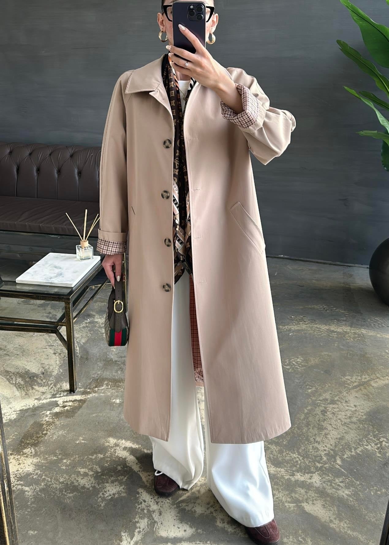 Astarı Kazayağı Desen Trençkot BEJ