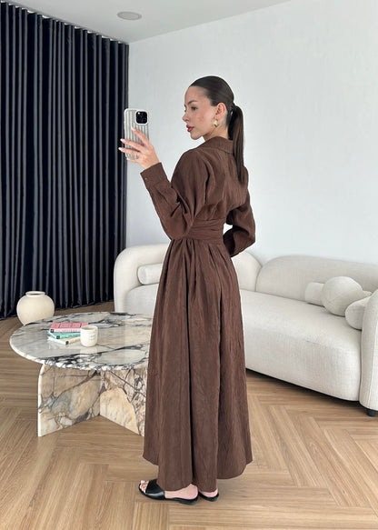 Kraşlı Beli Bağlamalı Elbise KAHVERENGİ