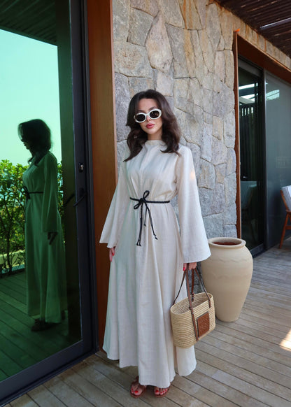 Deri Kemerli Keten Elbise EKRU