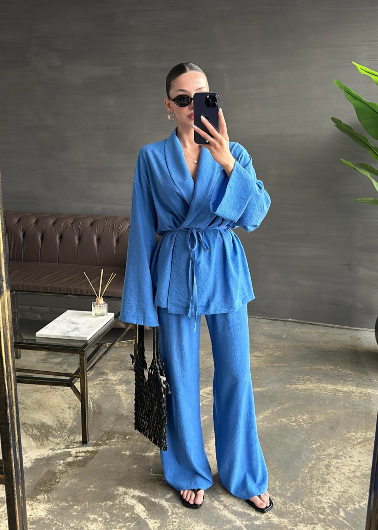 Şal Yaka Krinkıl Kimono Takım MAVİ