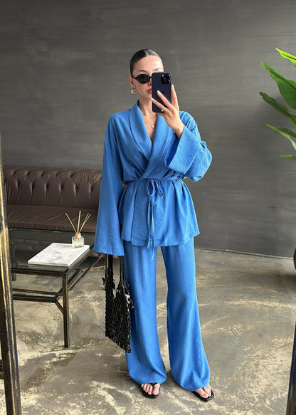 Şal Yaka Krinkıl Kimono Takım MAVİ
