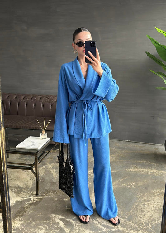 Şal Yaka Krinkıl Kimono Takım MAVİ