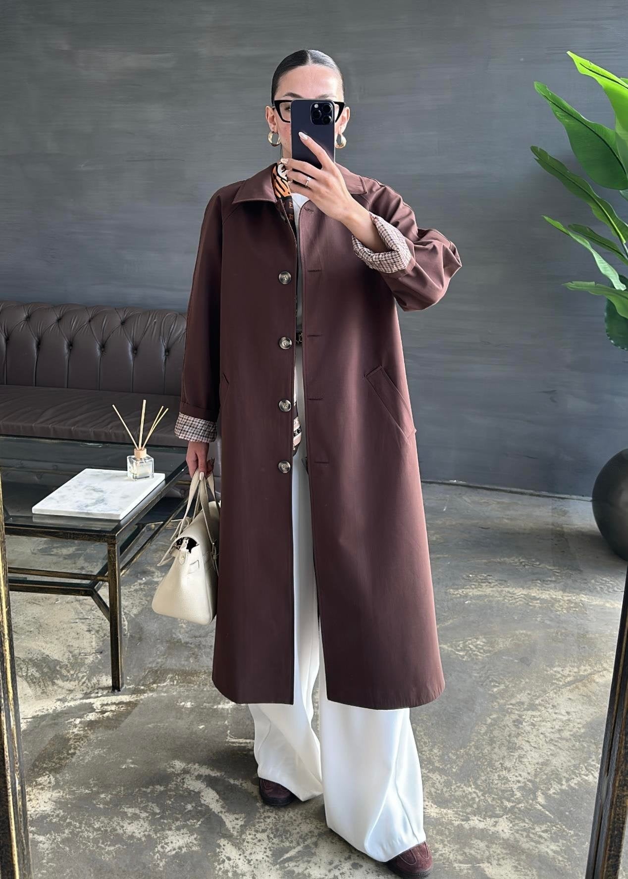 Astarı Kazayağı Desen Trençkot ACI KAHVE