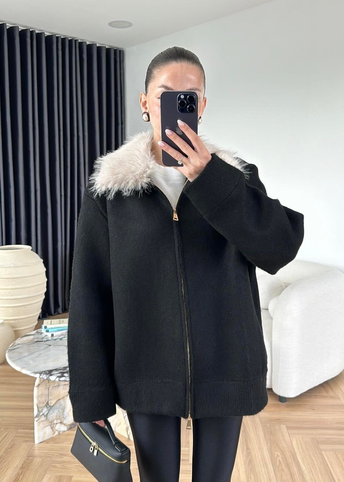 Çıkarılabilir Kürklü Hırka SİYAH