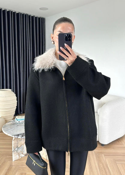 Çıkarılabilir Kürklü Hırka SİYAH