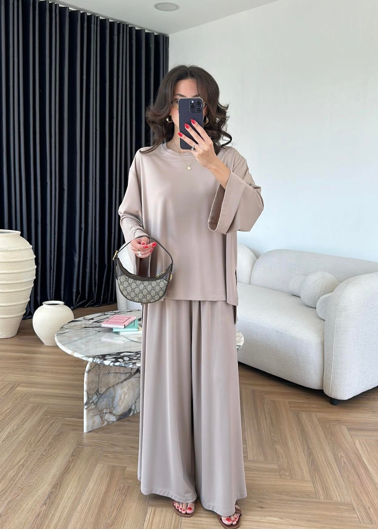 Modal Geniş Paçalı Takım Bej