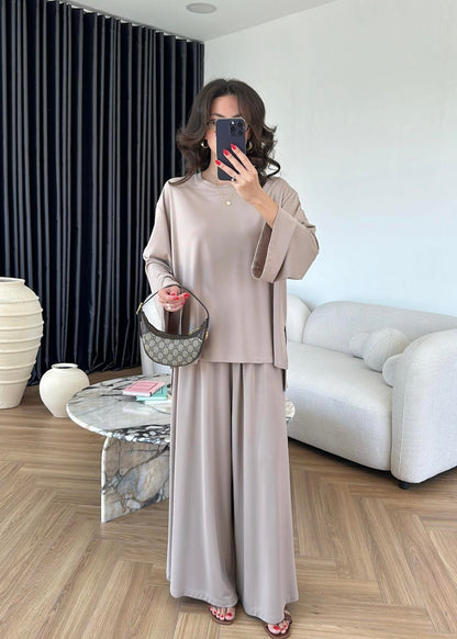 Modal Geniş Paçalı Takım Bej