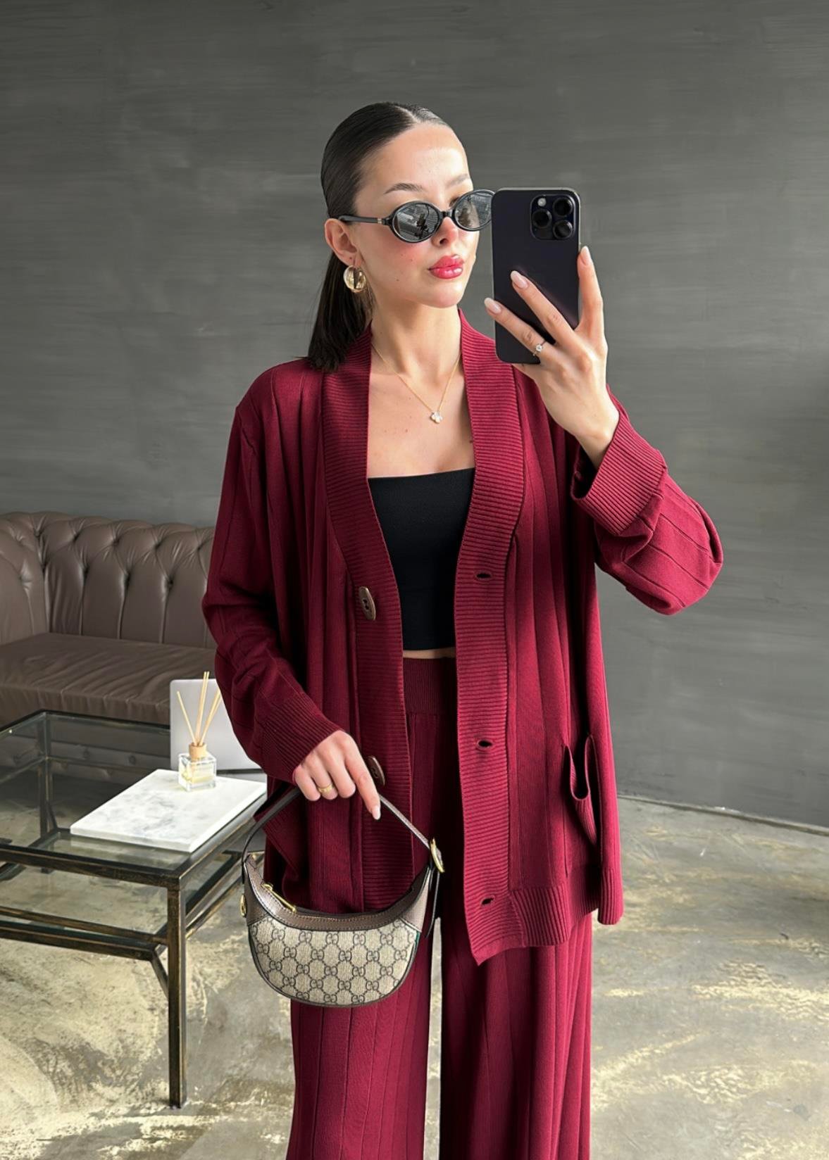 Ahşap Düğmeli Hırkalı Takım BORDO