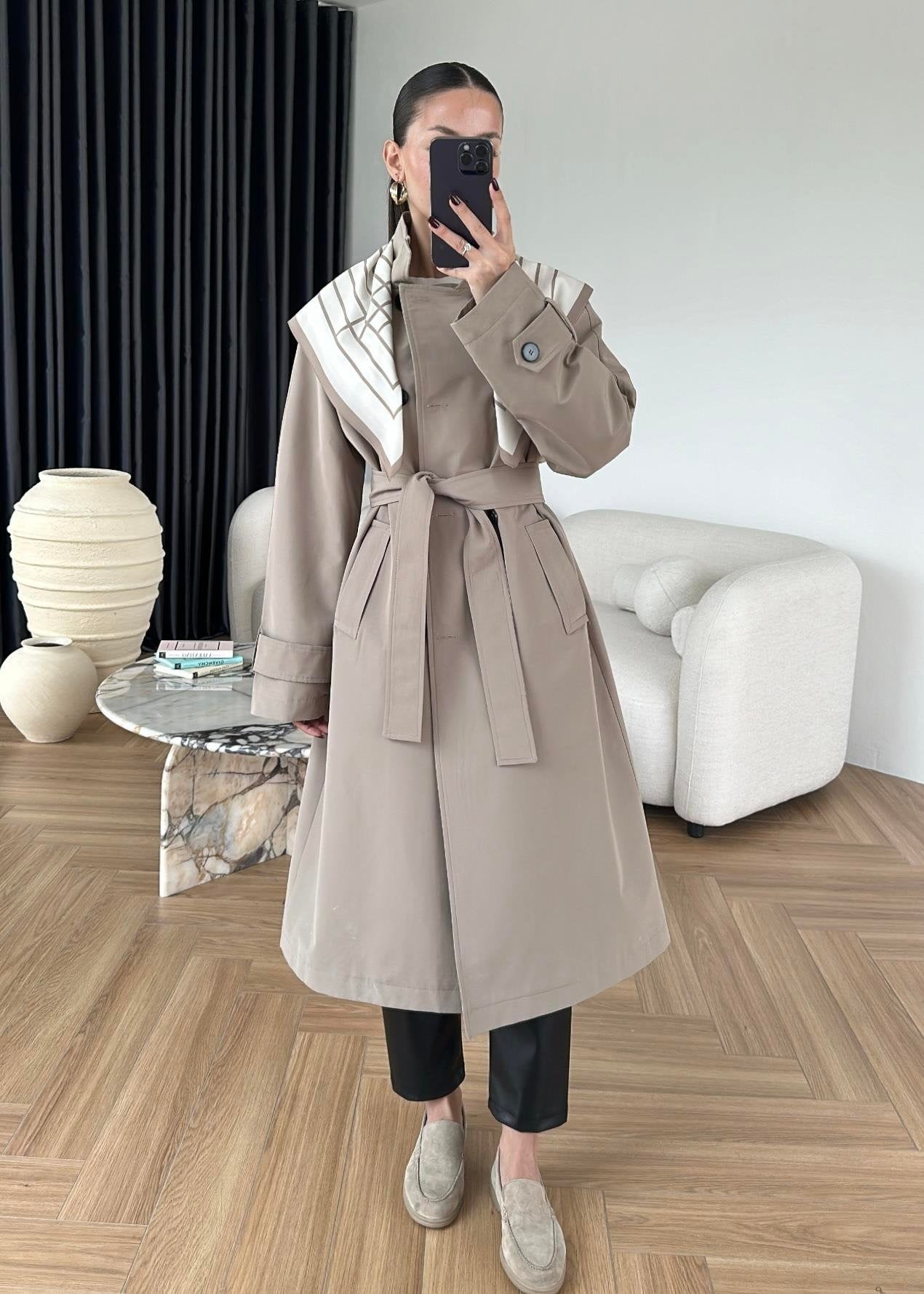 Fularlı Uzun Trençkot TAŞ