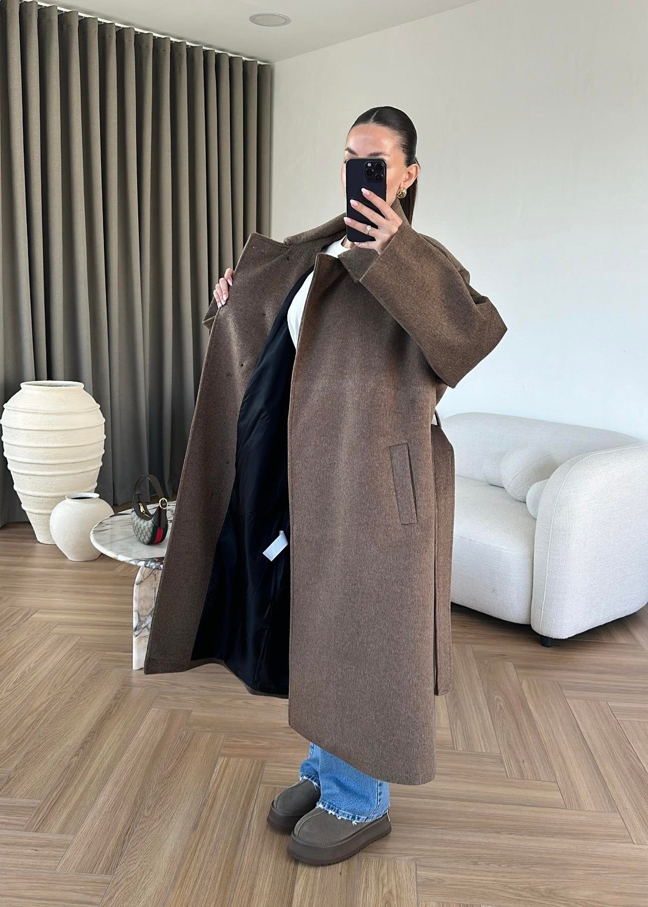 Gömlek Yakalı Kuşaklı Kaban  KAHVERENGİ