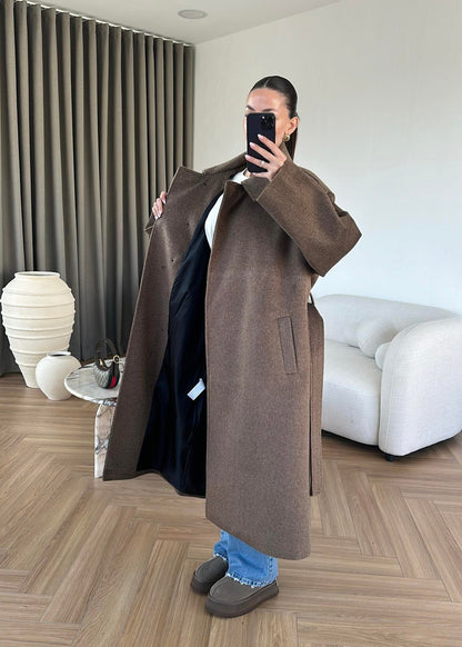 Gömlek Yakalı Kuşaklı Kaban  KAHVERENGİ