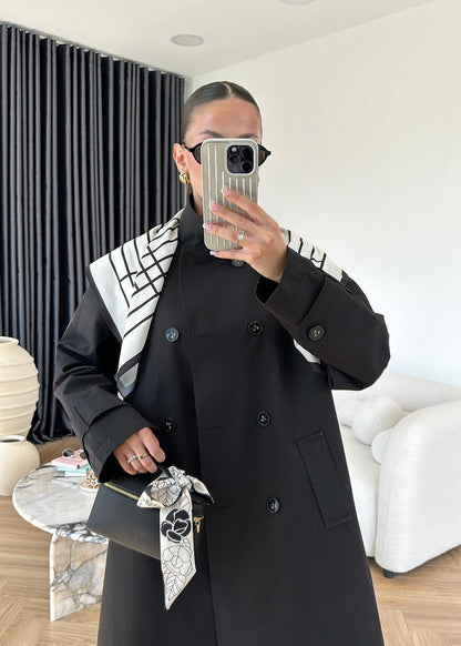 Fularlı Uzun Trençkot SİYAH