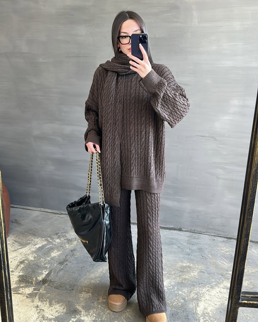 Atkılı Saç Örgülü Üçlü Takım KAHVERENGİ