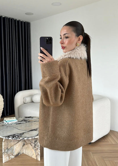 Çıkarılabilir Kürklü Hırka CAMEL