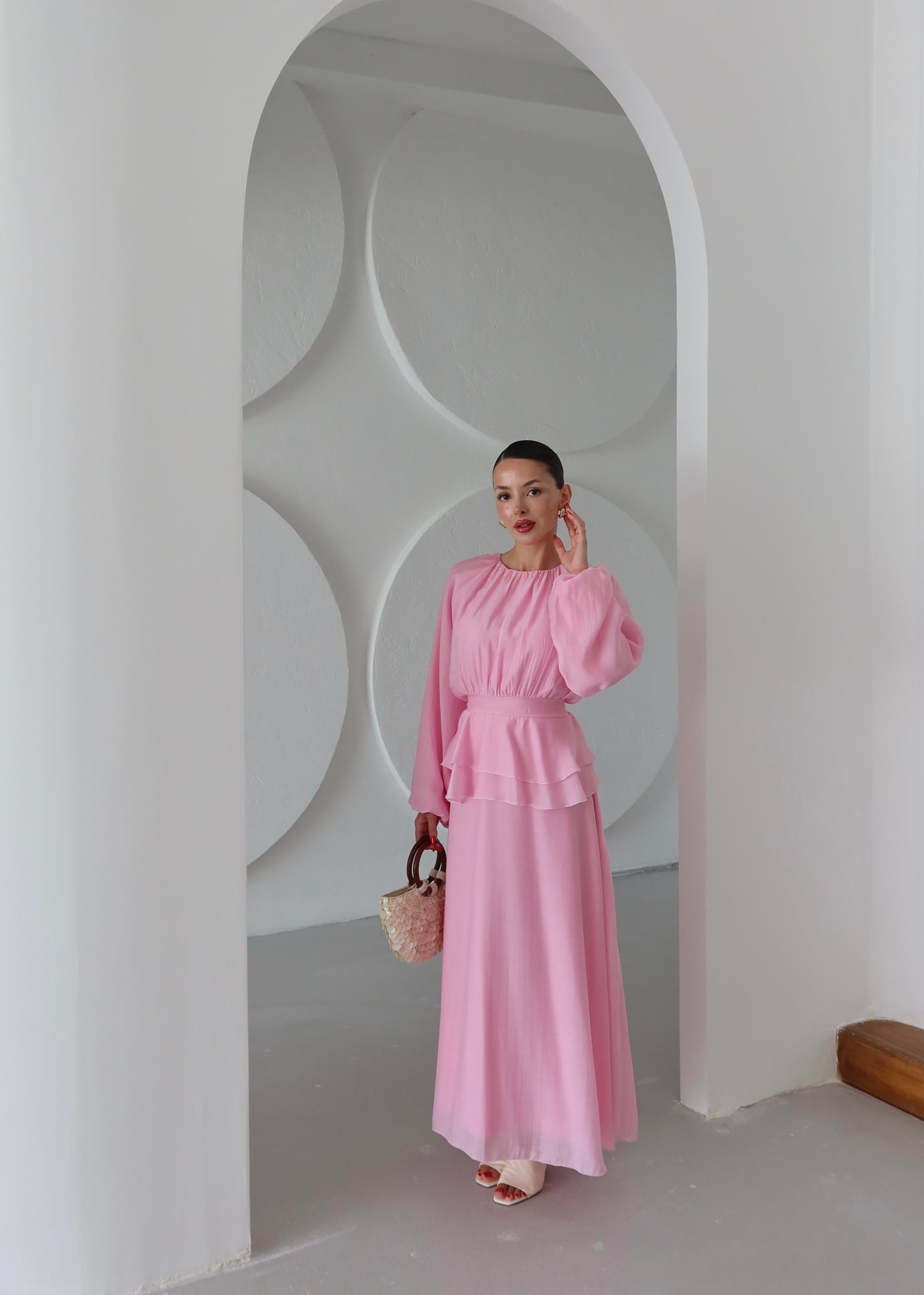 Beli Volanlı Elbise PEMBE