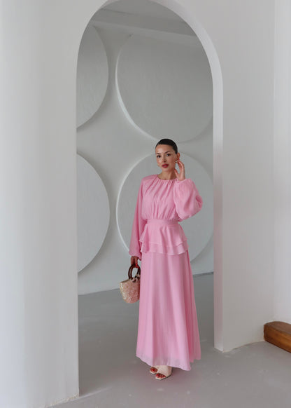 Beli Volanlı Elbise PEMBE