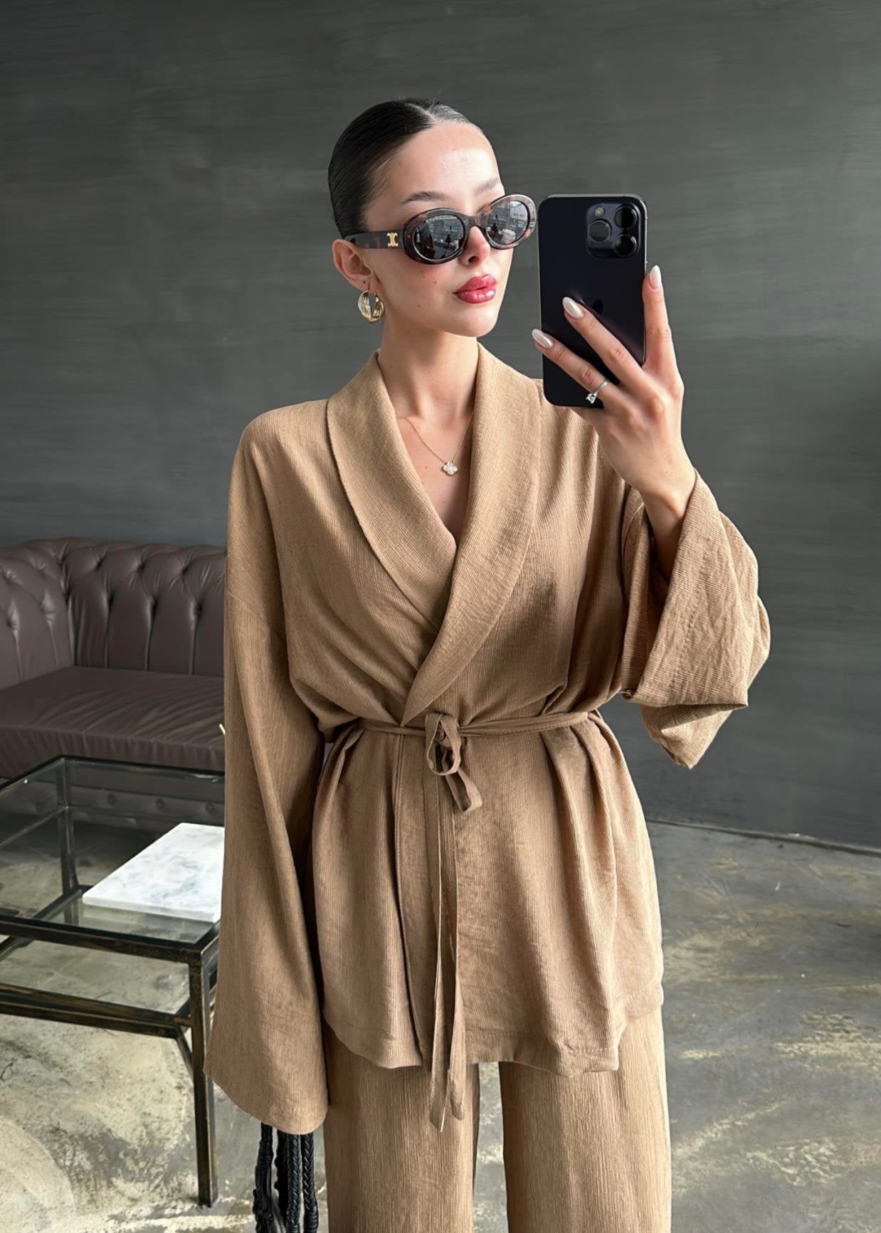 Şal Yaka Krinkıl Kimono Takım SÜTLÜ KAHVE