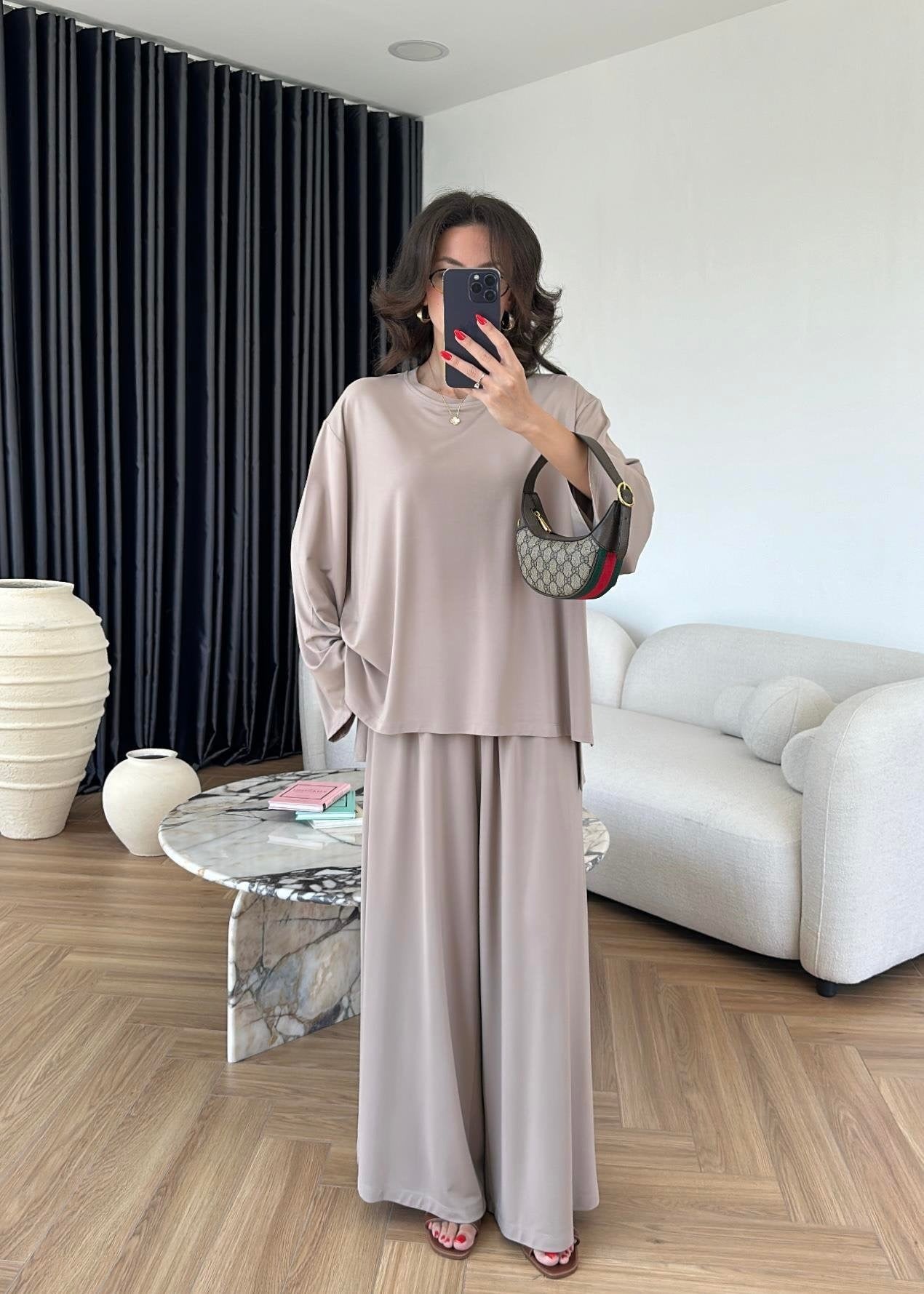 Modal Geniş Paçalı Takım Bej