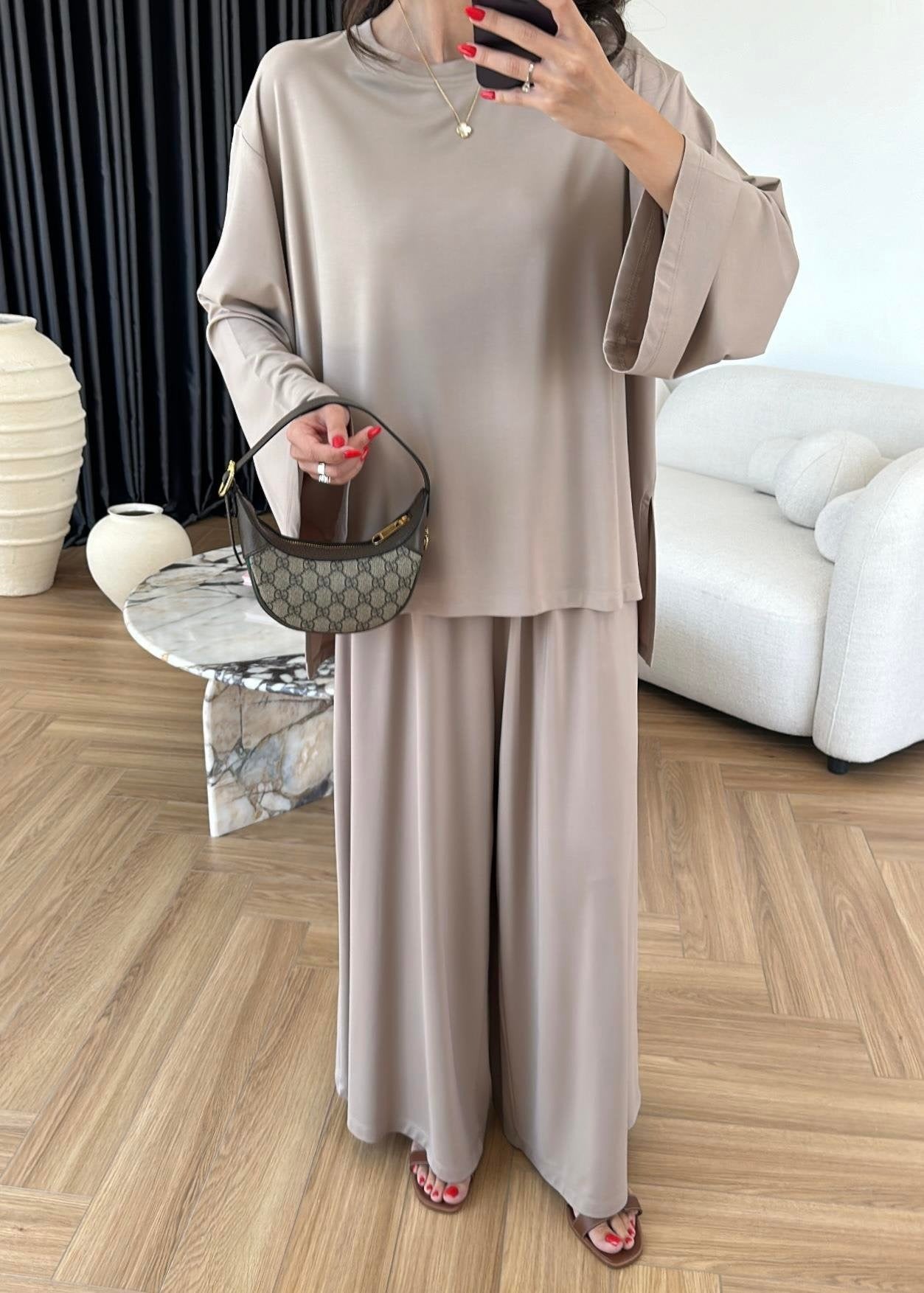 Modal Geniş Paçalı Takım Bej