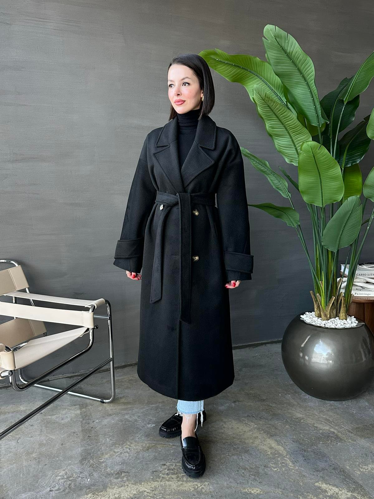 Kelebek Yakalı Kaşe Kaban SİYAH