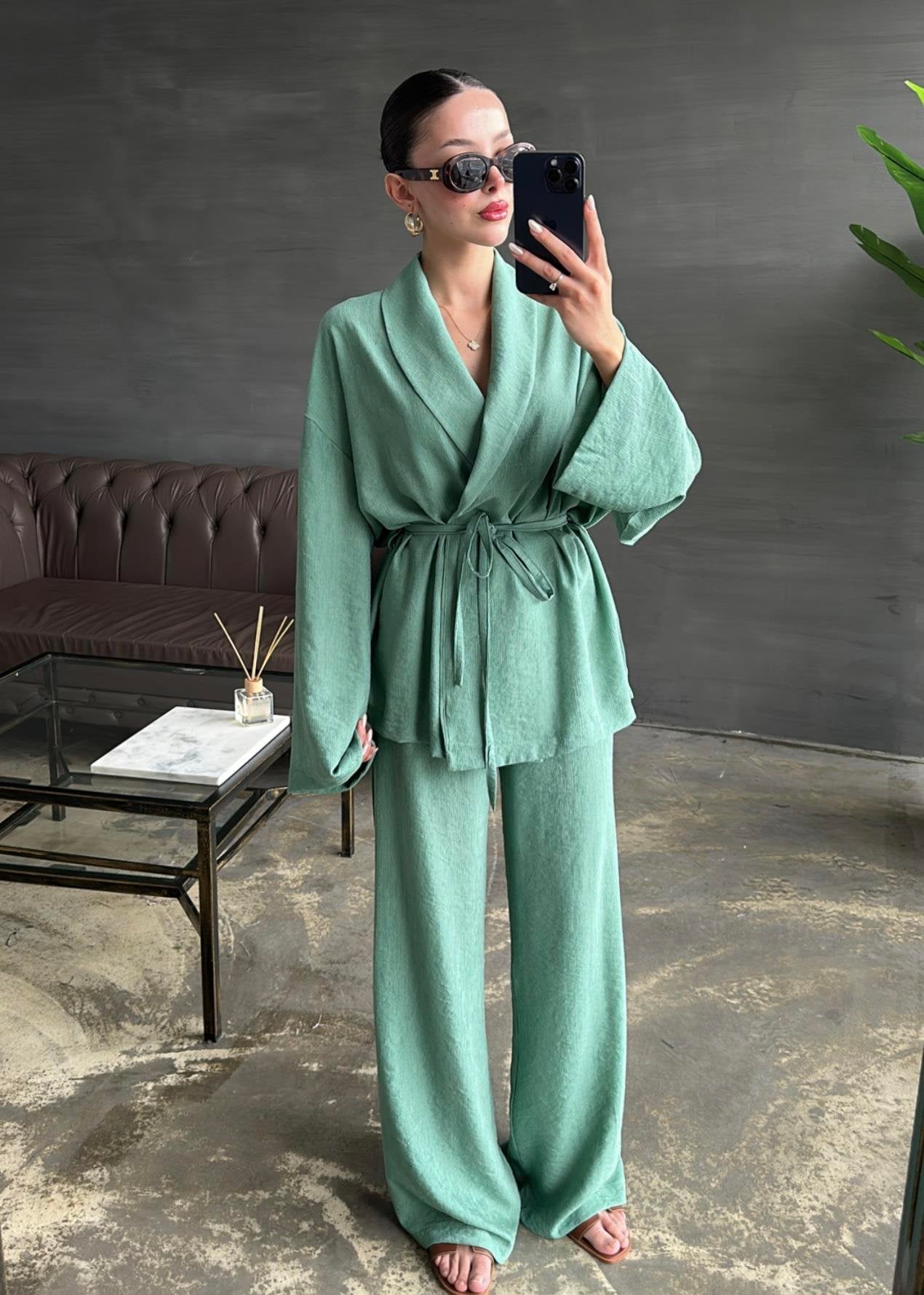 Şal Yaka Krinkıl Kimono Takım MİNT YEŞİLİ