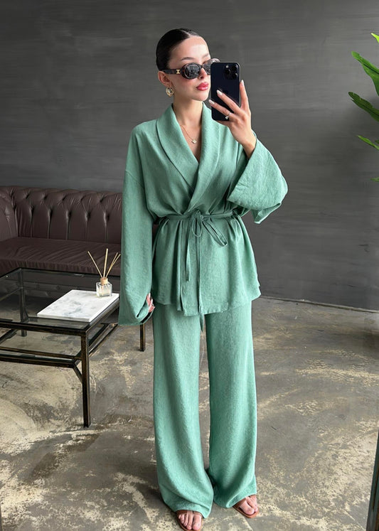 Şal Yaka Krinkıl Kimono Takım MİNT YEŞİLİ
