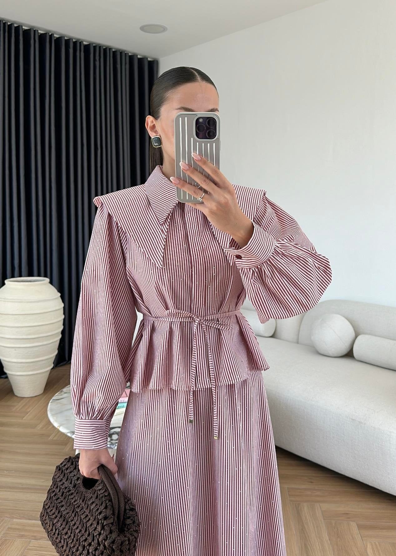 Taşlı Poplin Etekli Takım BORDO