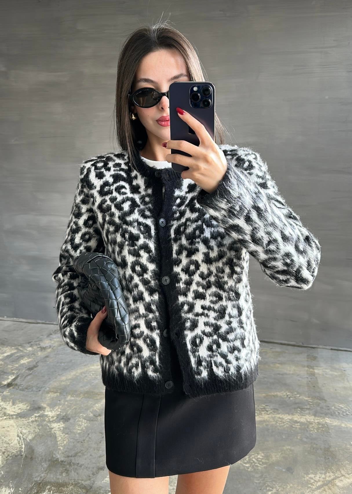 Yün Efekt Leopar Hırka SİYAH