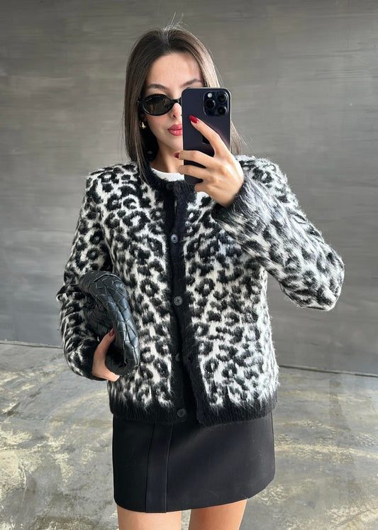 Yün Efekt Leopar Hırka SİYAH