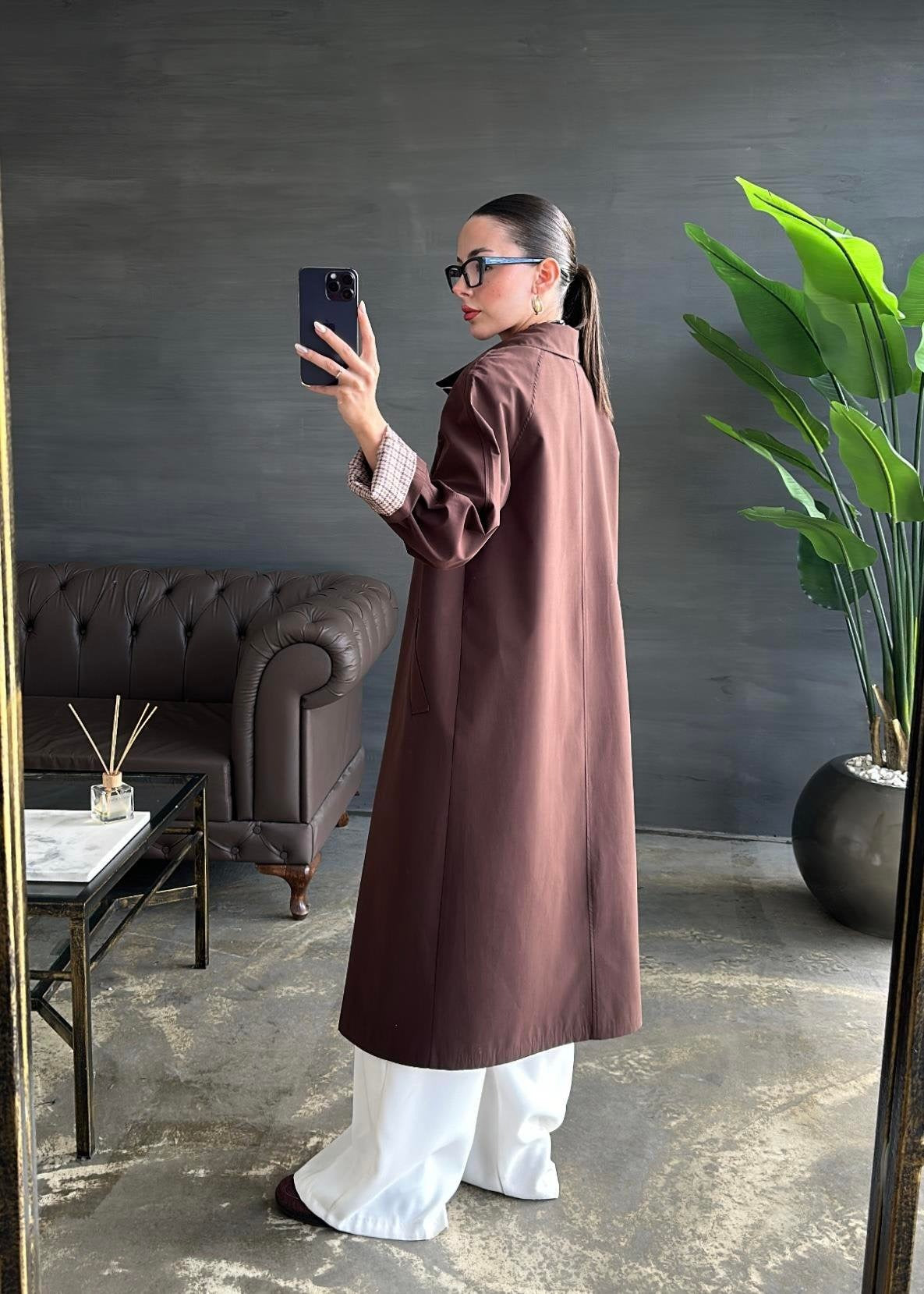 Astarı Kazayağı Desen Trençkot ACI KAHVE