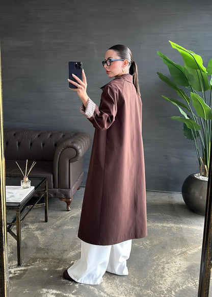 Astarı Kazayağı Desen Trençkot ACI KAHVE